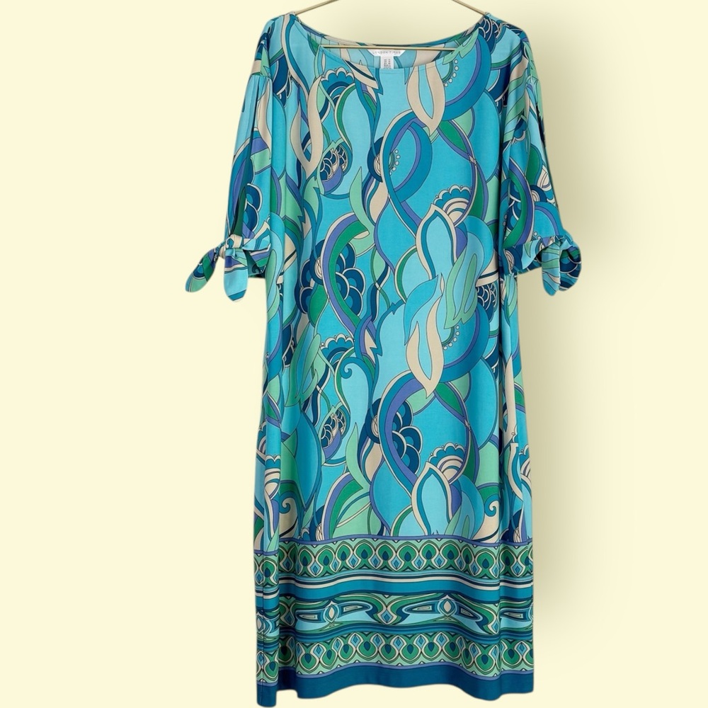 London Times Tie Sleeve Shift Dress Size 12 Coastal Turquoise Print - Picture 2 of 11